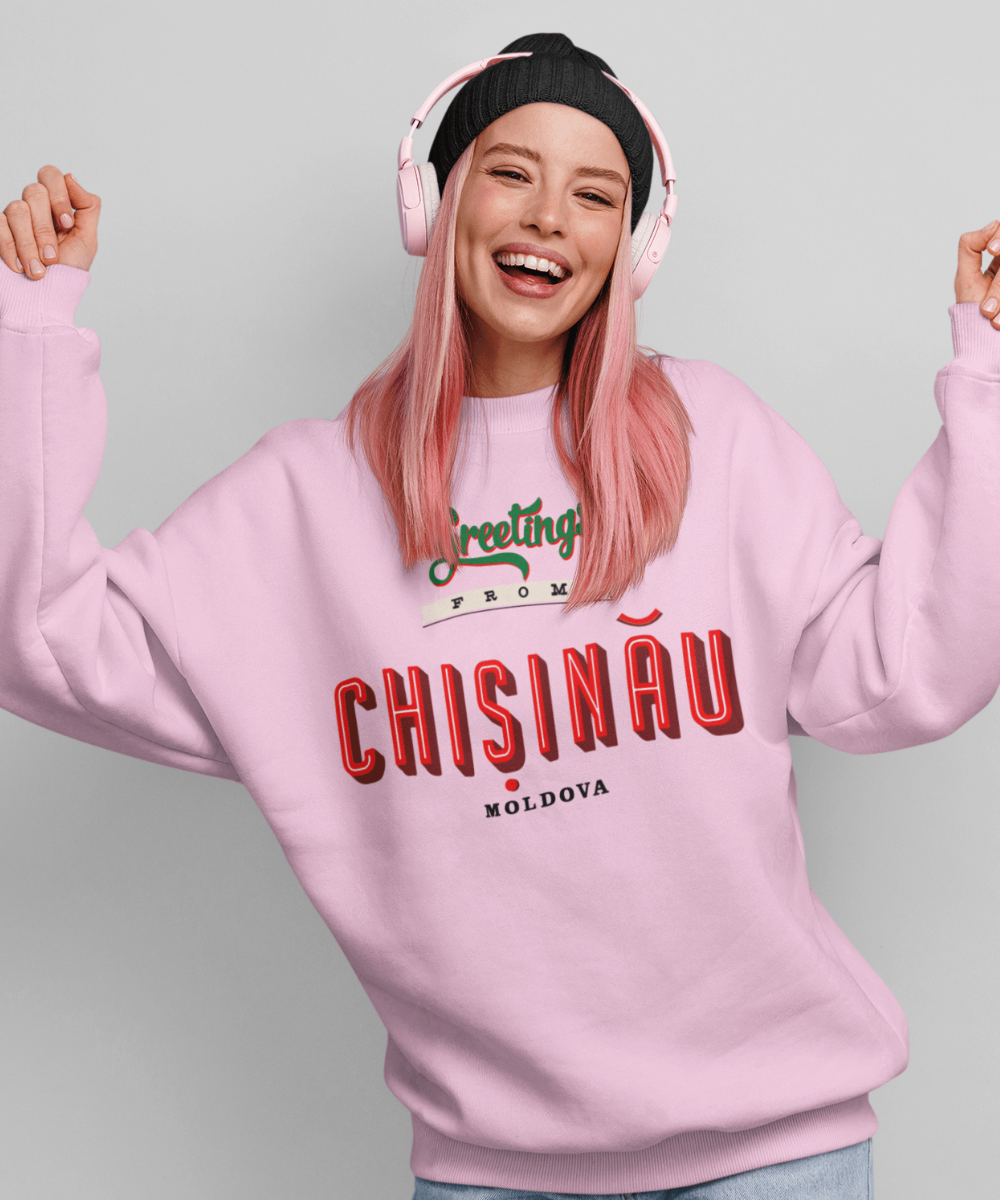 “Greetings from Chișinău” Fleece French Terry oversized retro logo crew neck sweatshirt