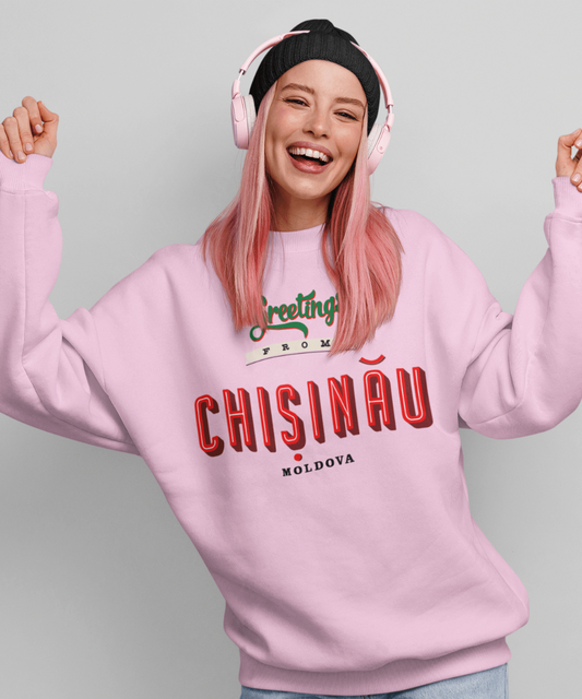 āGreetings from ChiČinÄuā Fleece French Terry oversized retro logo crew neck sweatshirt