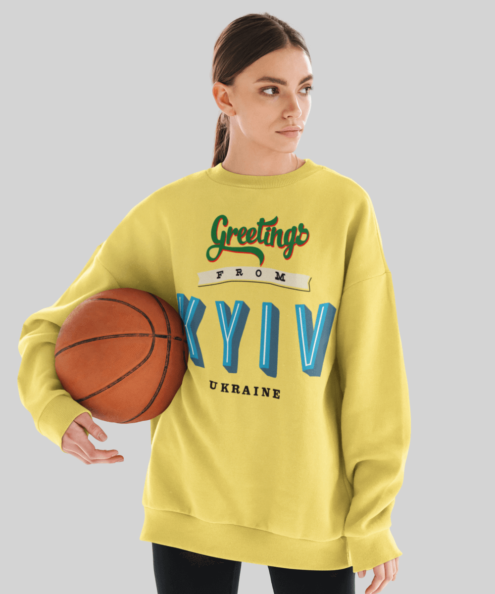 “Greetings from Kyiv” Fleece French Terry Oversized Retro Logo Crew Neck Sweatshirt