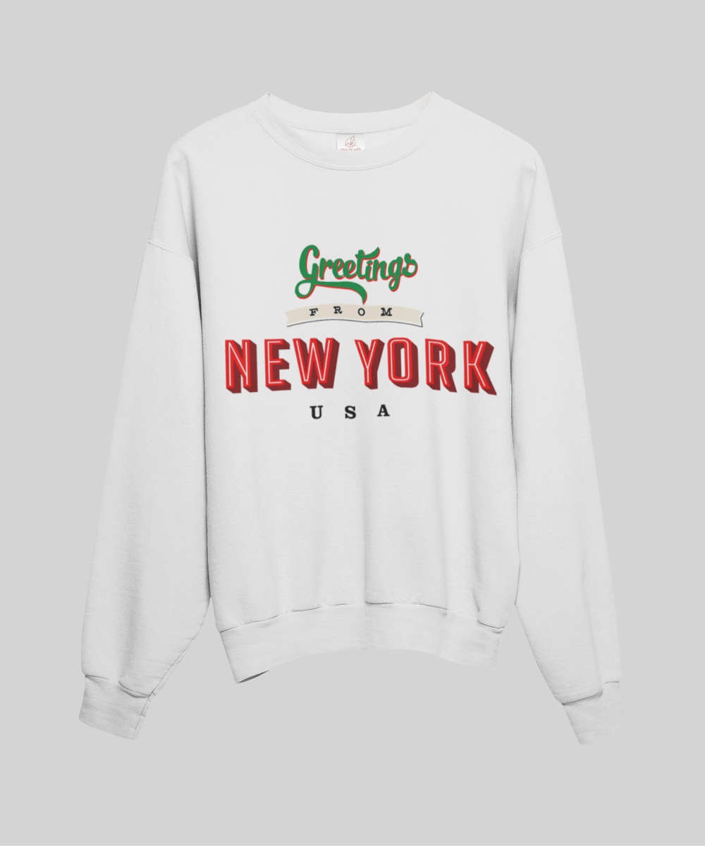 “Greetings from New York” Fleece French Terry Oversized Retro Logo Crew Neck Sweatshirt