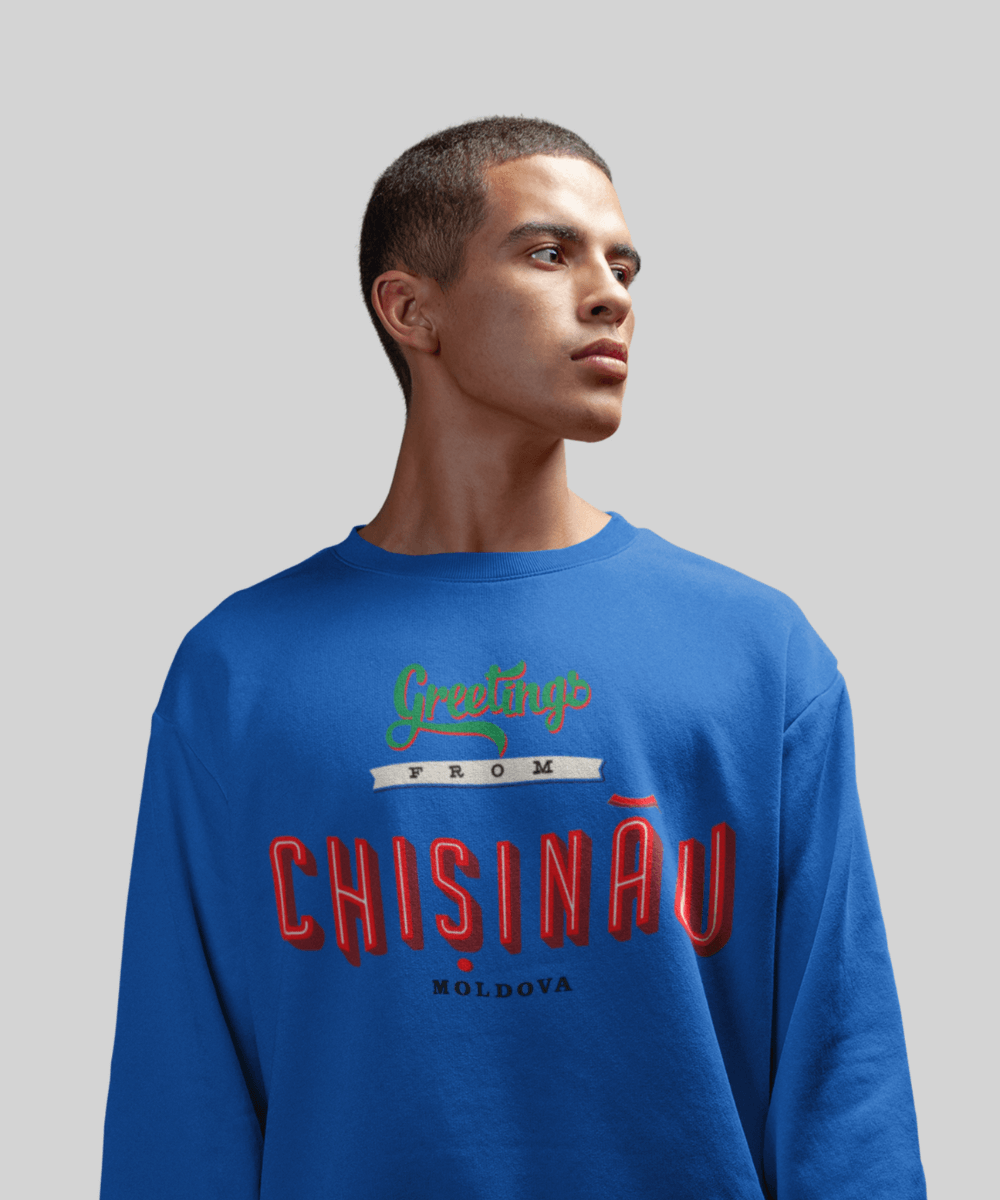 “Greetings from Chișinău” Fleece French Terry oversized retro logo crew neck sweatshirt