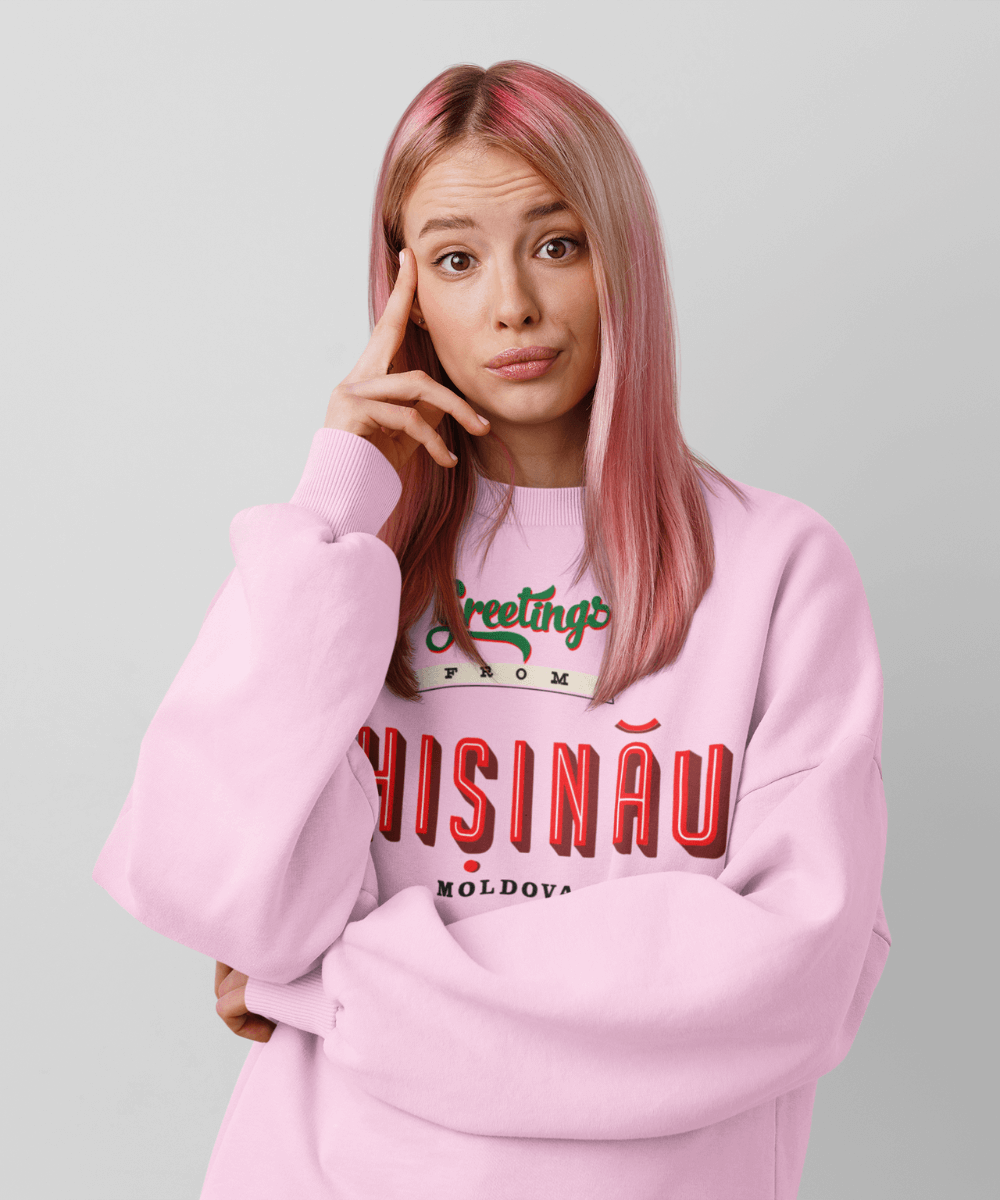 “Greetings from Chișinău” Fleece French Terry oversized retro logo crew neck sweatshirt