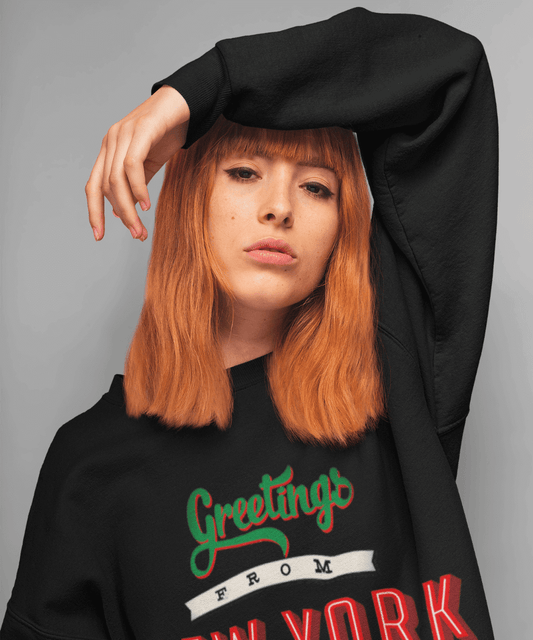 āGreetings from New Yorkā Fleece French Terry Oversized Retro Logo Crew Neck Sweatshirt