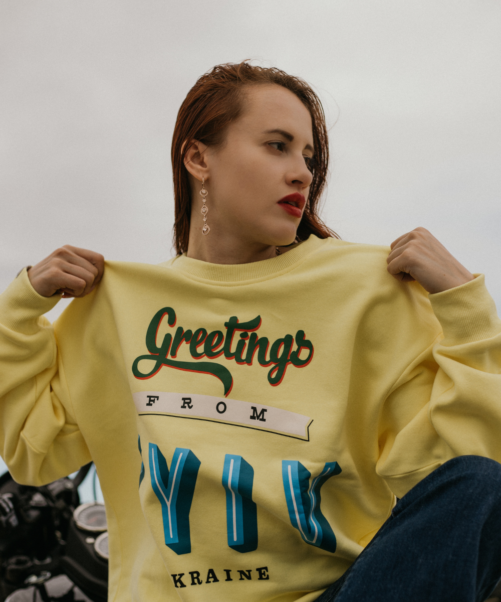 “Greetings from Kyiv” Fleece French Terry Oversized Retro Logo Crew Neck Sweatshirt