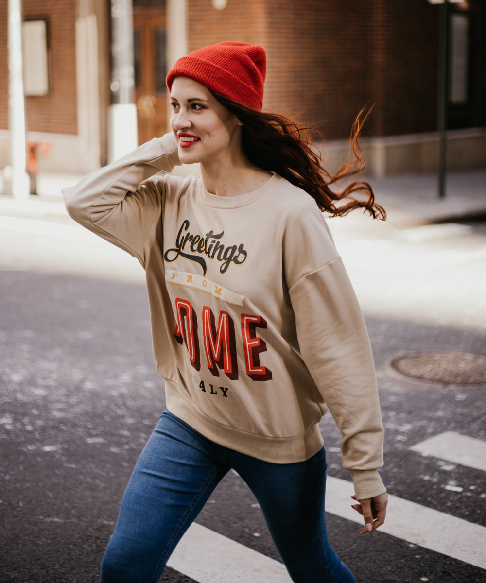 “Greetings from Rome” Terry Oversized Retro Logo Crew Neck Sweatshirt