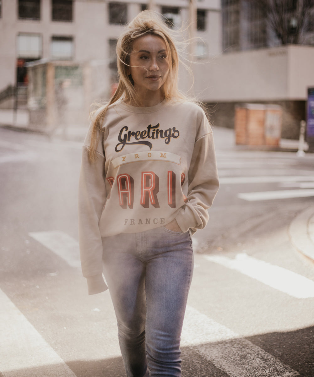 “Greetings from Paris” Terry Oversized Retro Logo Crew Neck Sweatshirt