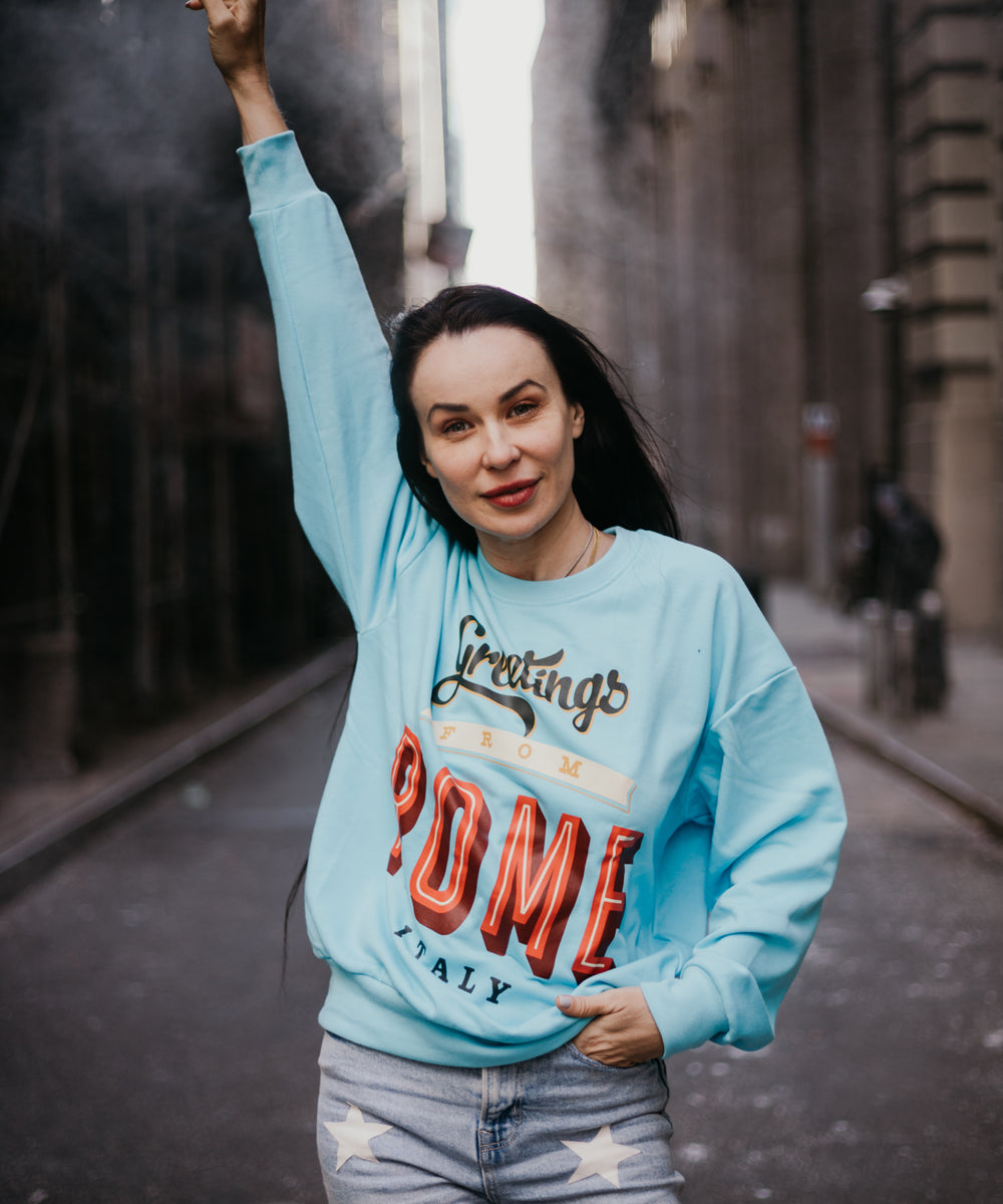 “Greetings from Rome” Terry Oversized Retro Logo Crew Neck Sweatshirt