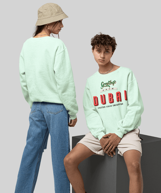 āGreetings from Dubaiā Fleece French Terry oversized retro logo crew neck sweatshirt