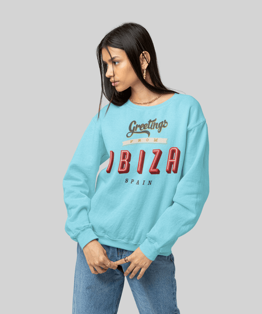 āGreetings from IbizaāTerry Oversized Retro Logo Crew Neck Sweatshirt