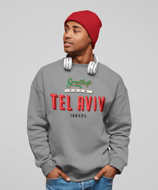 āGreetings from Tel Avivā Fleece French Terry oversized retro logo crew neck sweatshirt