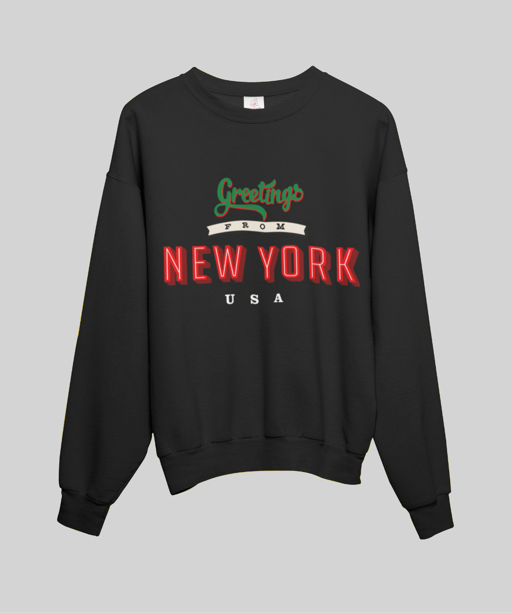 “Greetings from New York” Fleece French Terry Oversized Retro Logo Crew Neck Sweatshirt