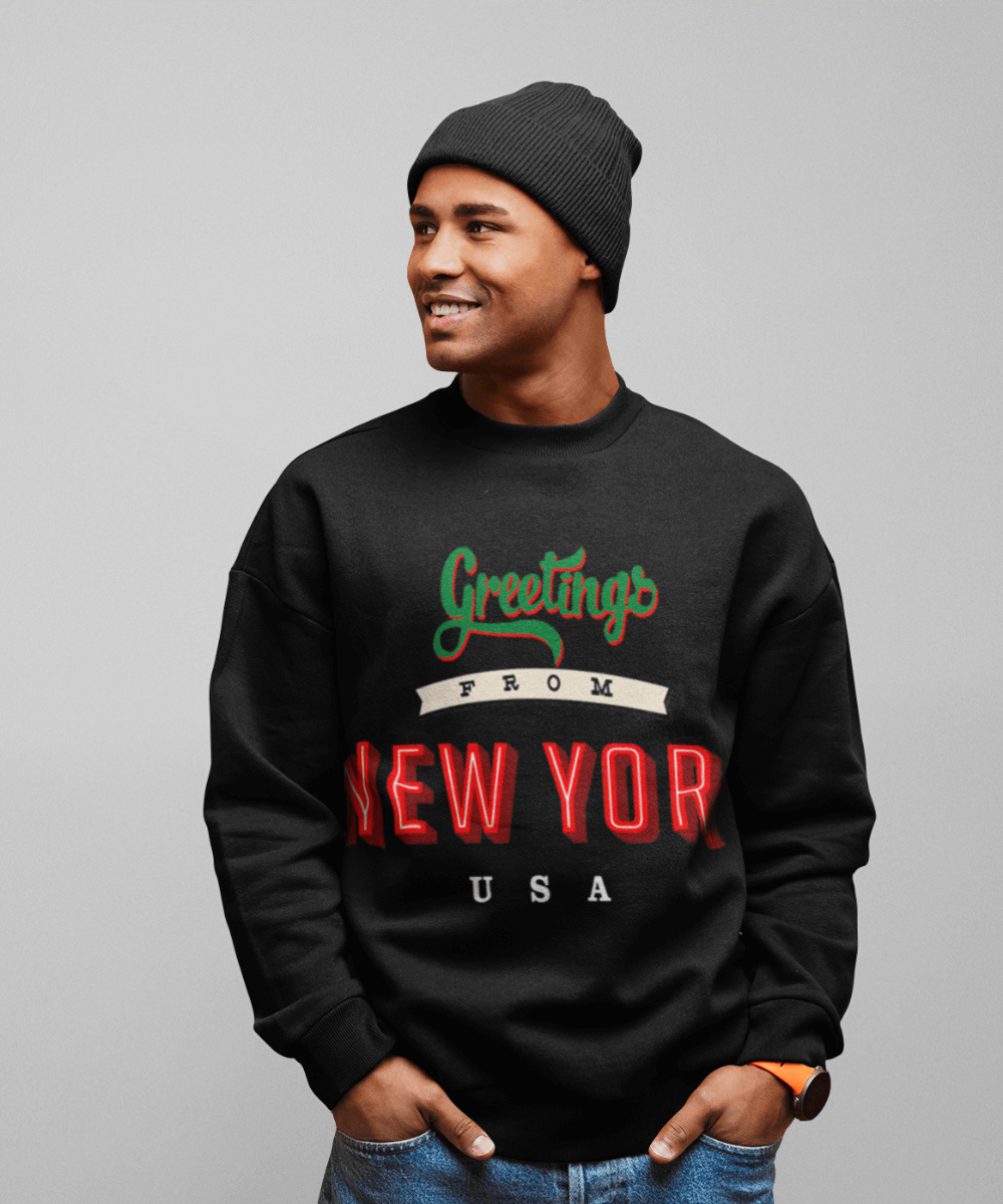 “Greetings from New York” Fleece French Terry Oversized Retro Logo Crew Neck Sweatshirt