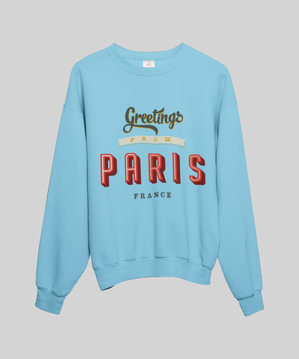 “Greetings from Paris” Terry Oversized Retro Logo Crew Neck Sweatshirt